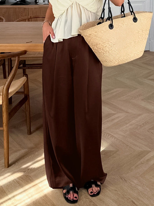 Brown Satin Wide Leg Pants High Waist Draped Silky Straight Trousers