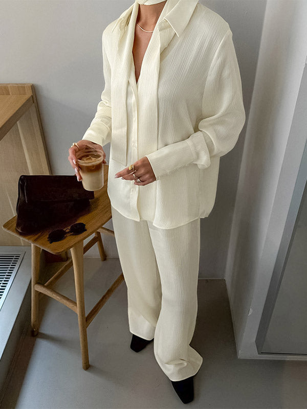 2 Piece Outfit Set Collar Shirt Wide Leg Pants Soft Casual Women 2 Piece Outfit Set