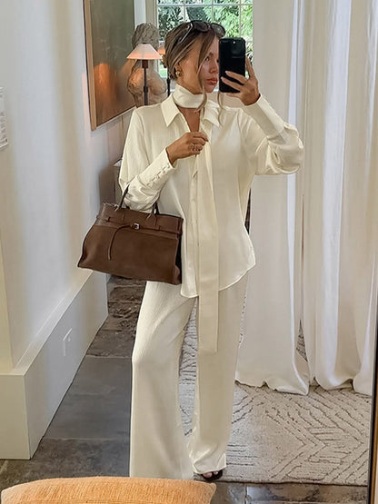 2 Piece Outfit Set Collar Shirt Wide Leg Pants Soft Casual Women 2 Piece Outfit Set