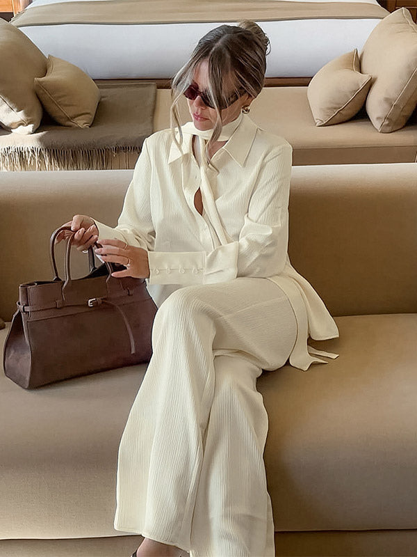 2 Piece Outfit Set Collar Shirt Wide Leg Pants Soft Casual Women 2 Piece Outfit Set