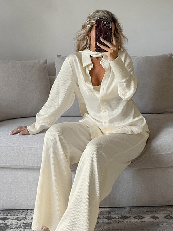 2 Piece Outfit Set Collar Shirt Wide Leg Pants Soft Casual Women 2 Piece Outfit Set