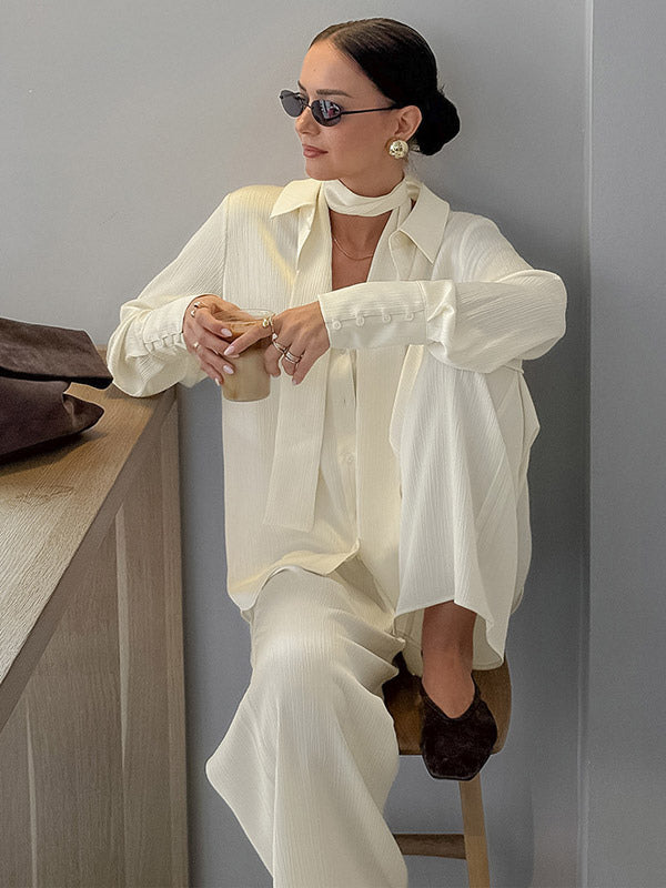 2 Piece Outfit Set Collar Shirt Wide Leg Pants Soft Casual Women 2 Piece Outfit Set