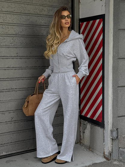 Tracksuit Set Hooded Crop Top Wide Leg Pants Soft Loungewear Women Tracksuit Set