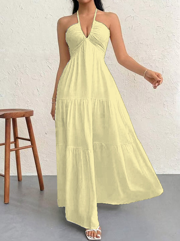 Vacation Dresses Halter V Neck Back Tie Tiered Ruffle Backless Flowy Summer Beach Long Maxi Dress