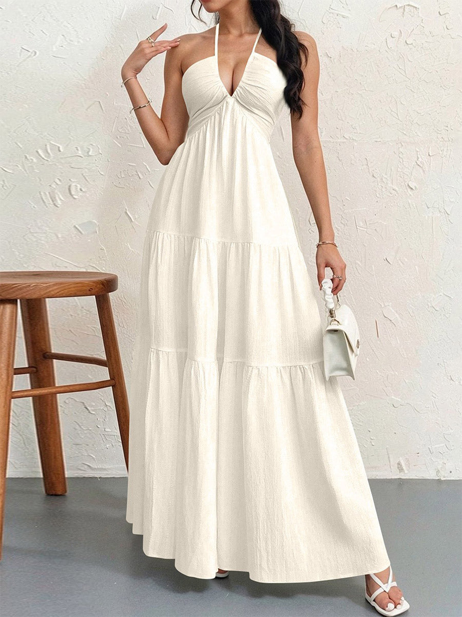 Vacation Dresses Halter V Neck Back Tie Tiered Ruffle Backless Flowy Summer Beach Long Maxi Dress