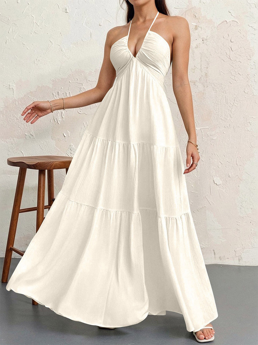 Vacation Dresses Halter V Neck Back Tie Tiered Ruffle Backless Flowy Summer Beach Long Maxi Dress