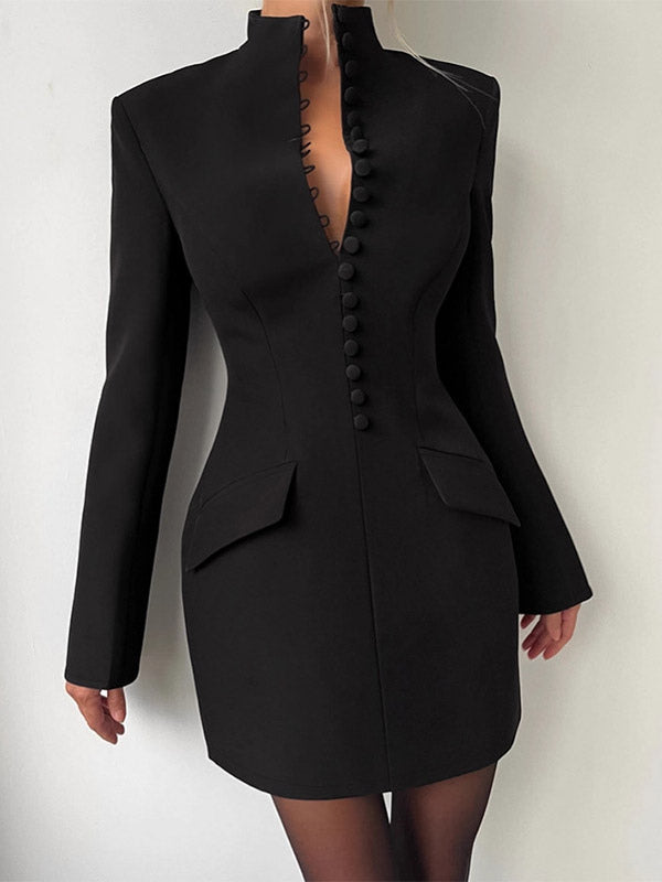 Party Dresses V Neck Button Pocket Slim Fit Elegant Evening Mini Dress