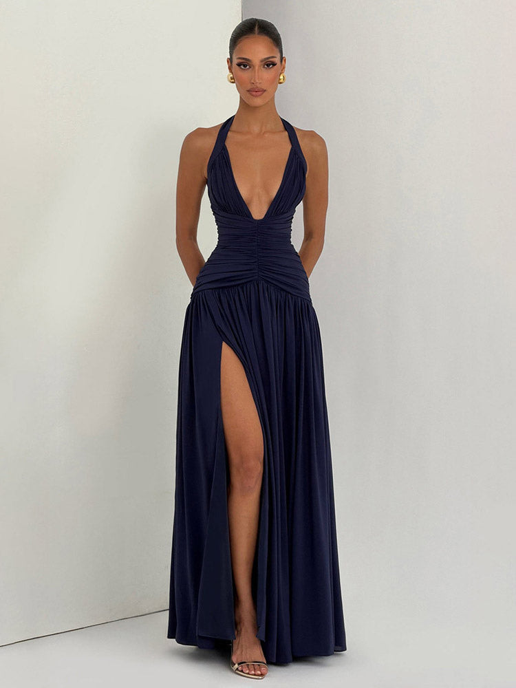 Party Dresses Halter Ruched High Slit Elegant Women Evening Long Maxi Dress