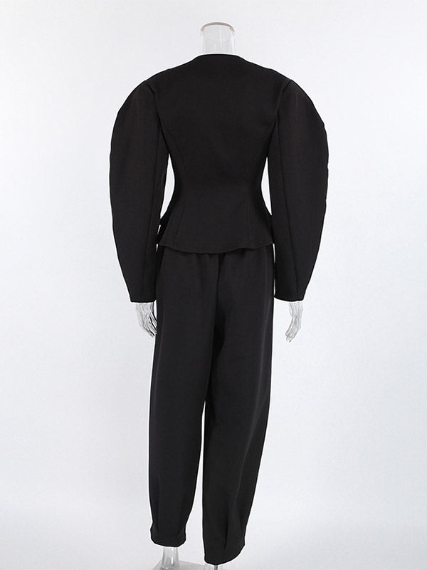2 Piece Blazer Pant Suit Set Puff Sleeve Blazer Wide Leg Pants Women Formal 2 Piece Blazer Pant Suit Set
