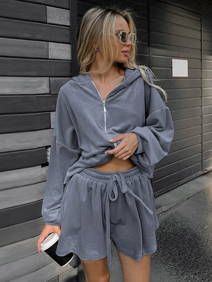 Tracksuit Short Set Velvet Hoodie Drawstring Shorts Casual Loungewear Tracksuit Short Set