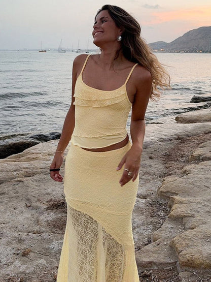 2 Piece Maxi Skirt Set Mesh Cami Top Mermaid Skirt Summer Women 2 Piece Maxi Skirt Set
