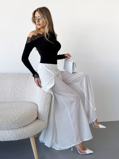 Wide Leg Pants Double Layer Split Mesh Flowy High Waist Women Palazzo Wide Leg Pants