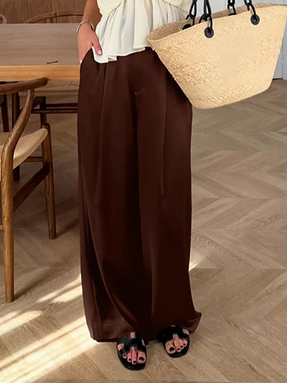 Brown Satin Wide Leg Pants High Waist Draped Silky Straight Trousers