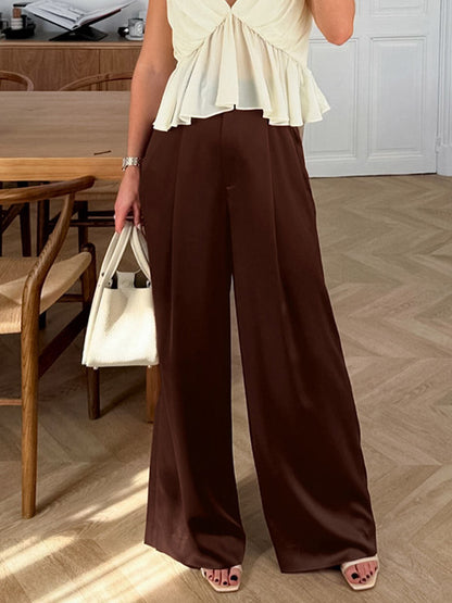 Brown Satin Wide Leg Pants High Waist Draped Silky Straight Trousers