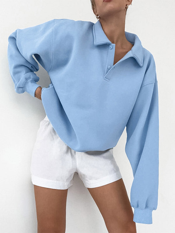 Draped Oversized Polo Sweatshirt Partial Front Buttons Relaxed Basic Pullover
