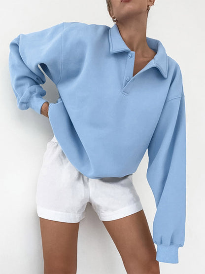 Draped Oversized Polo Sweatshirt Partial Front Buttons Relaxed Basic Pullover