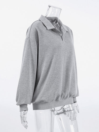 Draped Oversized Polo Sweatshirt Partial Front Buttons Relaxed Basic Pullover