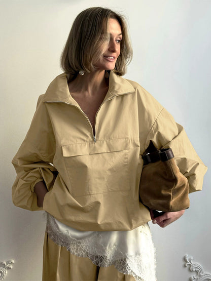 Half Zip Stand Collar Windbreaker Oversized Balloon Sleeve Elastic Hem Jacket
