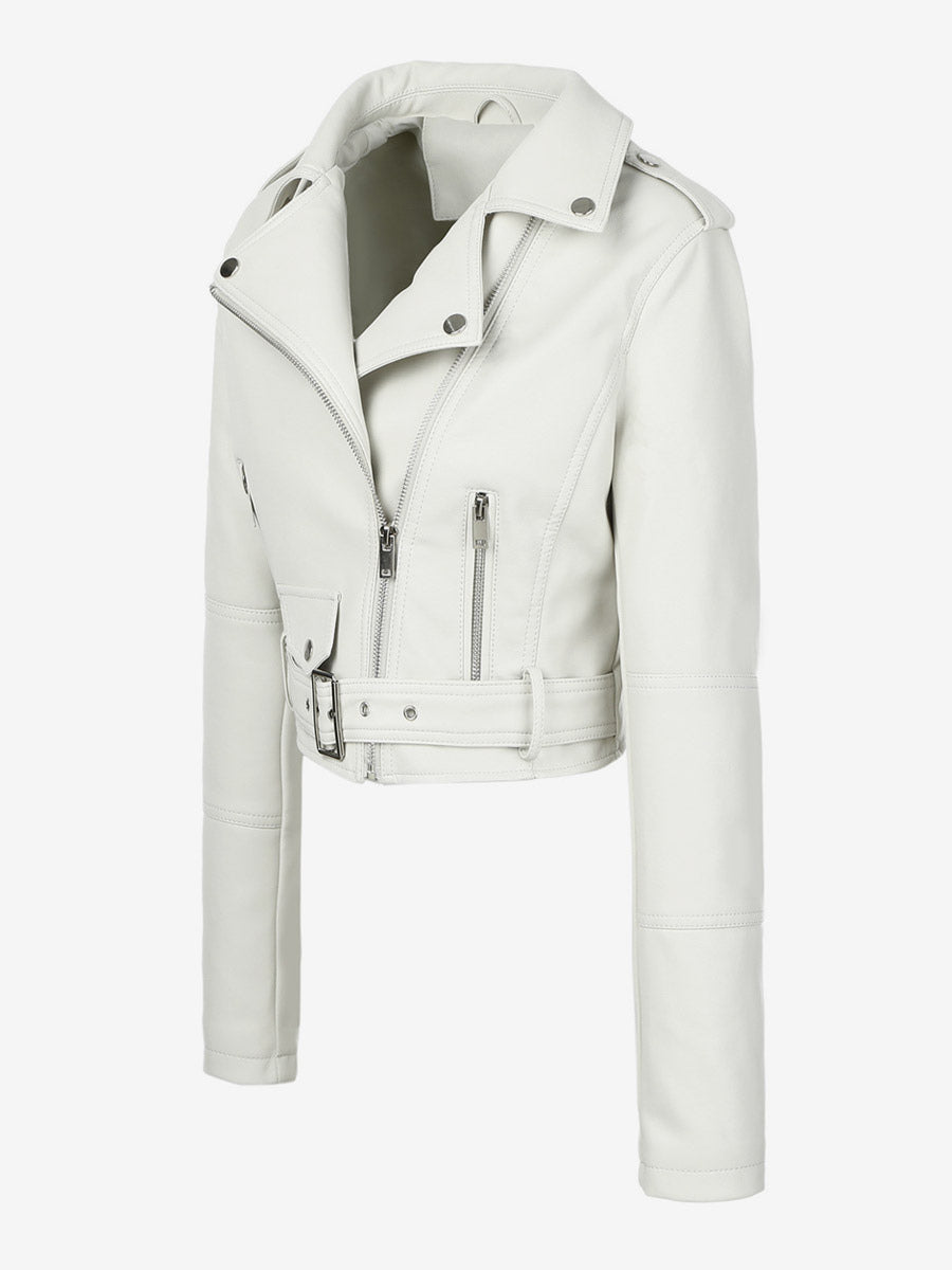 Multi Color Cropped Moto Jacket Lapel Diagonal Zip Waist Belt Faux Leather Outerwear