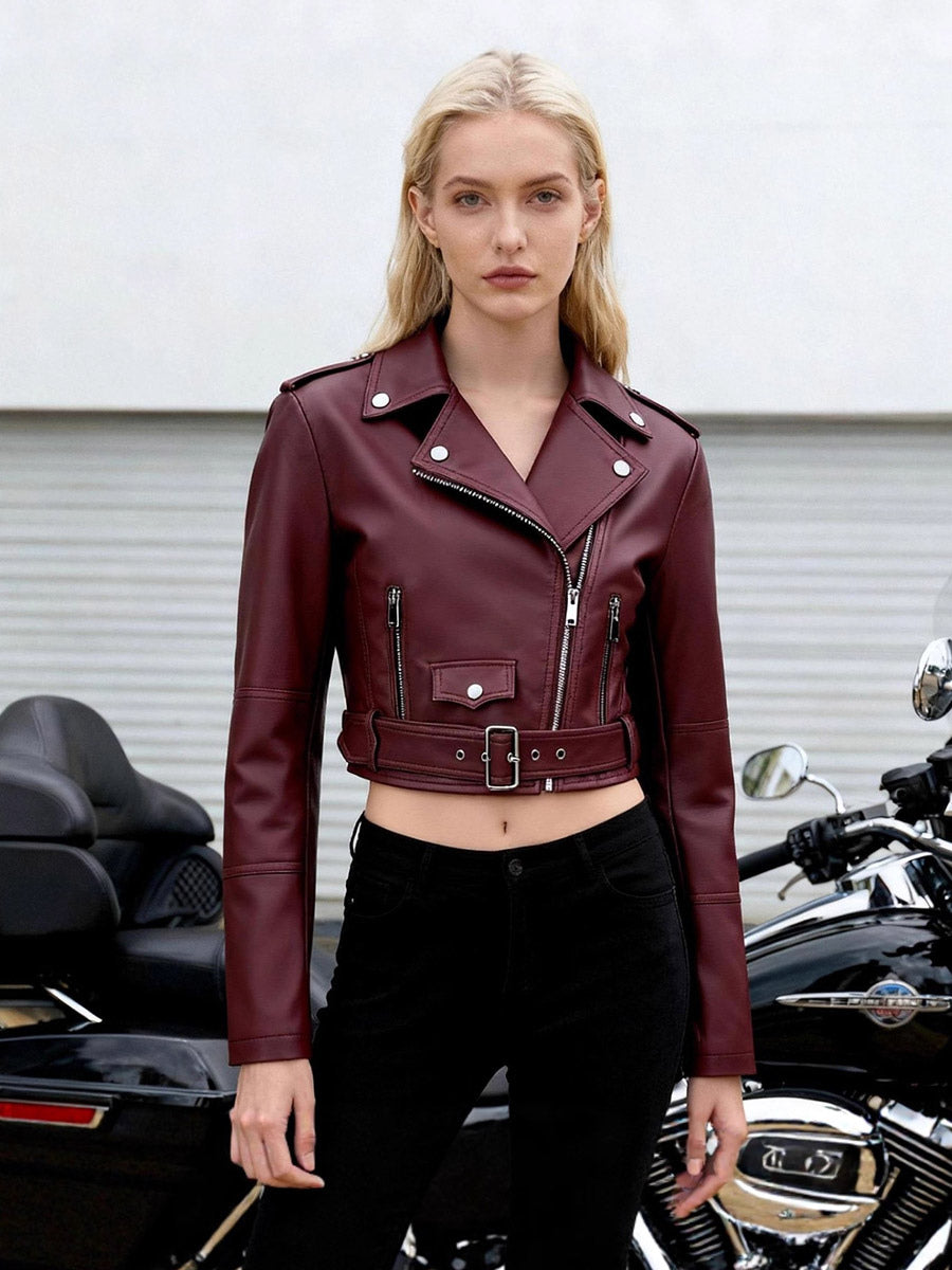 Multi Color Cropped Moto Jacket Lapel Diagonal Zip Waist Belt Faux Leather Outerwear