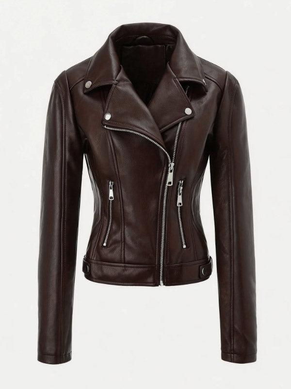 Four Color Cropped Moto Jacket Lapel Diagonal Zip Slim Fit Long Sleeve Outerwear