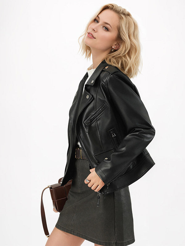 Retro Rivet Shoulder Leather Biker Coat Asymmetrical Zip Slim Long Sleeve Jacket