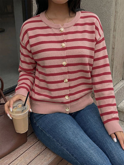 Women Pullover Sweater Red Buttons Stripes Jewel Neck Long Sleeves Sweaters