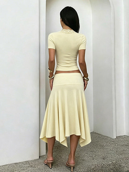 Two Piece Outfit Deep V Lace Neck Slim Crop Top Hanky Hem Mermaid Skirt Sets