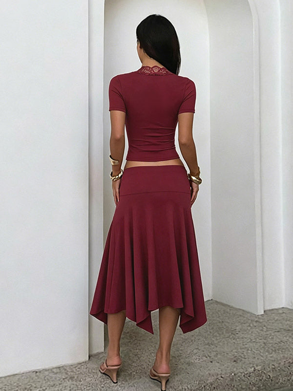 Two Piece Outfit Deep V Lace Neck Slim Crop Top Hanky Hem Mermaid Skirt Sets