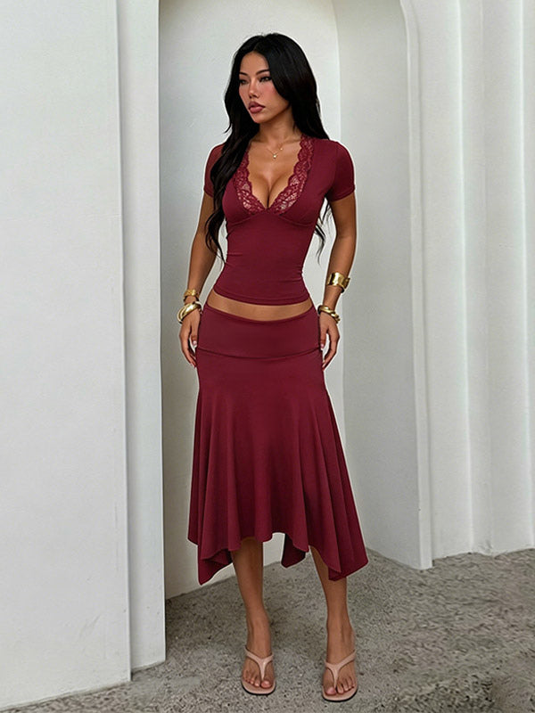 Two Piece Outfit Deep V Lace Neck Slim Crop Top Hanky Hem Mermaid Skirt Sets