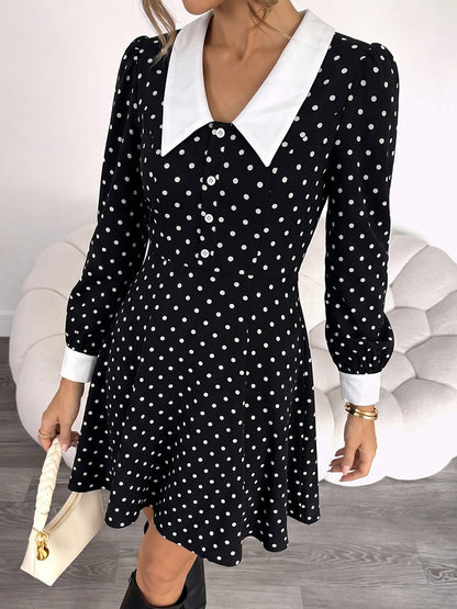 Date Night Dresses Contrast Big Collar Polka Dot Long Sleeve A Line Flowy Mini Party Dress