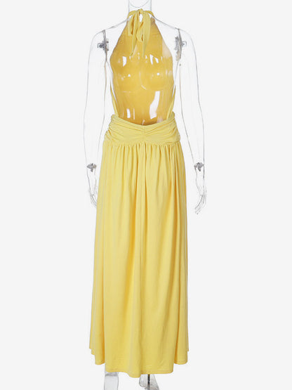 Party Dresses Yellow Halter Neck Maxi Tie Back Sleeveless Ruched Waist Flowy Long Party Gown