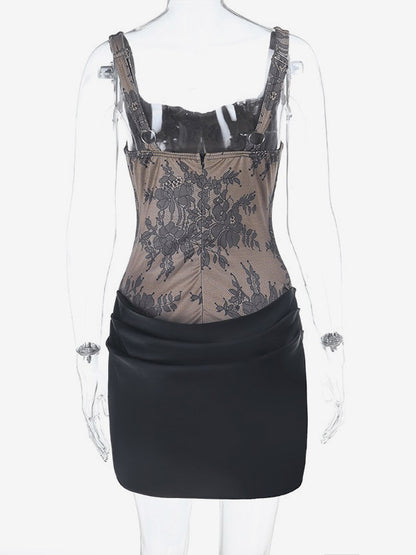 Party Dresses Black Lace Corset Bustier Ruched Satin Skirt Bodycon Night Out Mini Dress