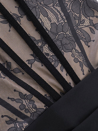 Party Dresses Black Lace Corset Bustier Ruched Satin Skirt Bodycon Night Out Mini Dress
