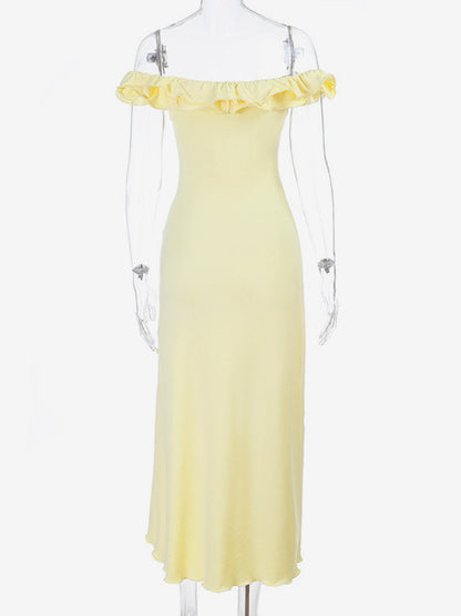 Party Dress Maxi Dresses Yellow Off-The-Shoulder Ruffles Sleeveless Slim Fit Sexy Semi Formal Dress