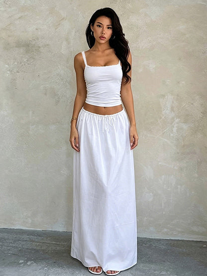 White Lace Trim Cami Crop Top Drawstring Wide Leg Maxi Skirt 2 Piece Vacation Outfit