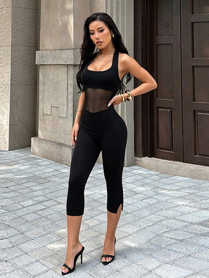 Halter Backless Mesh Cutout Capri Jumpsuit Sleeveless Bodycon Cropped Leg Jumpsuit