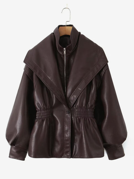 Oversized Wide Lapel Faux Leather Jacket Elastic Cinched Waist Two-Tone Black Brown Outerwear