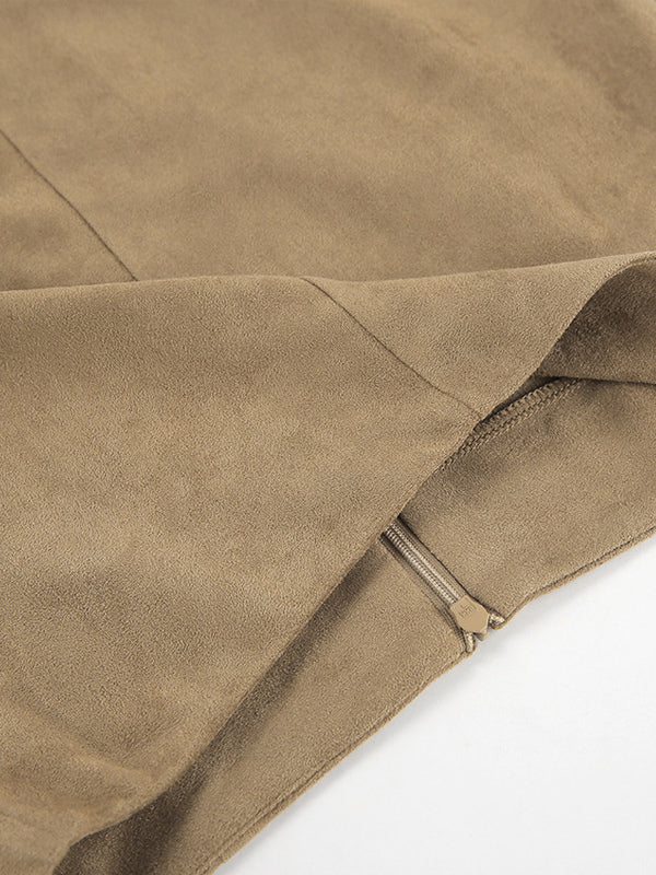 Midi Skirt Soft Suede Fabric High Waist Back Slit Vintage Midi Skirt