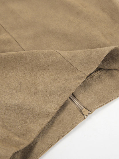 Midi Skirt Soft Suede Fabric High Waist Back Slit Vintage Midi Skirt