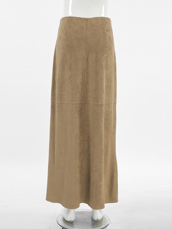 Midi Skirt Soft Suede Fabric High Waist Back Slit Vintage Midi Skirt