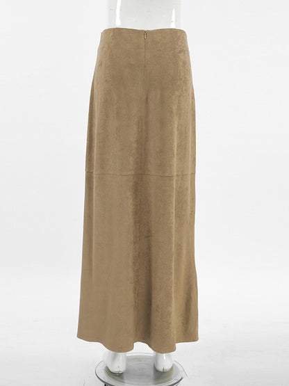 Midi Skirt Soft Suede Fabric High Waist Back Slit Vintage Midi Skirt