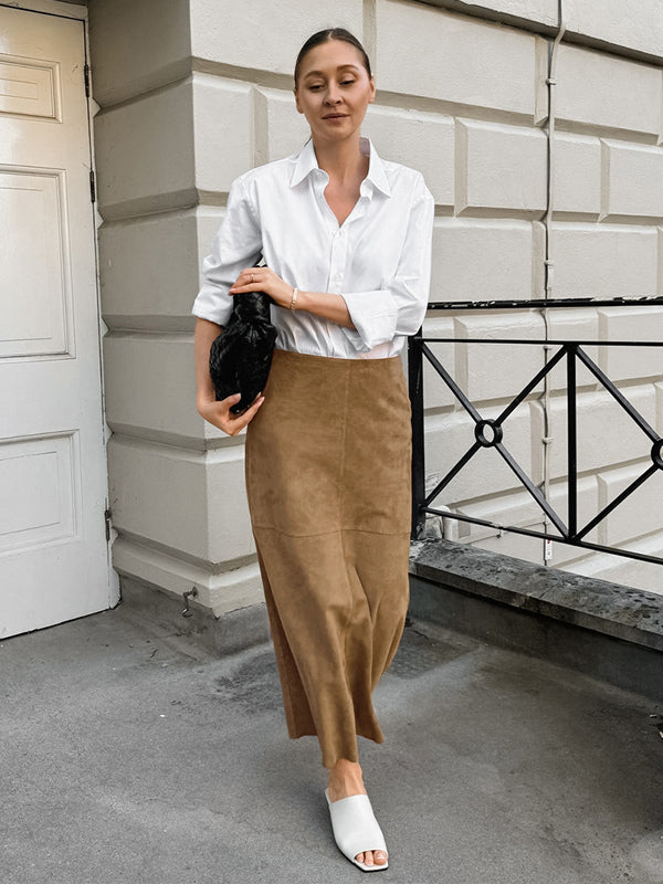 Midi Skirt Soft Suede Fabric High Waist Back Slit Vintage Midi Skirt