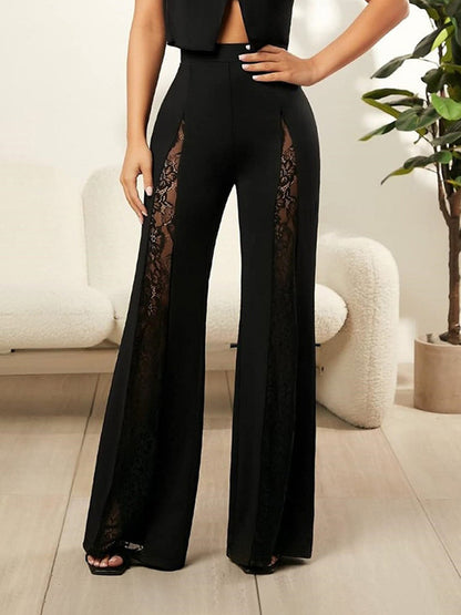 Wide Leg Pants Lace Cutout Side Slit High Waist Flare Women Pants Wide Leg Pants