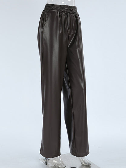 Elastic Drawstring Waist Faux Leather Wide Leg Pants Black Brown Loose Casual Trousers