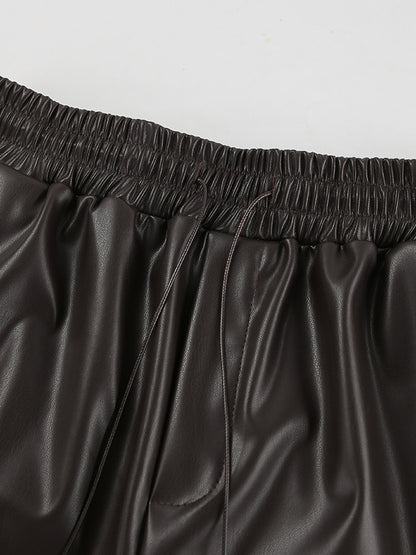 Elastic Drawstring Waist Faux Leather Wide Leg Pants Black Brown Loose Casual Trousers
