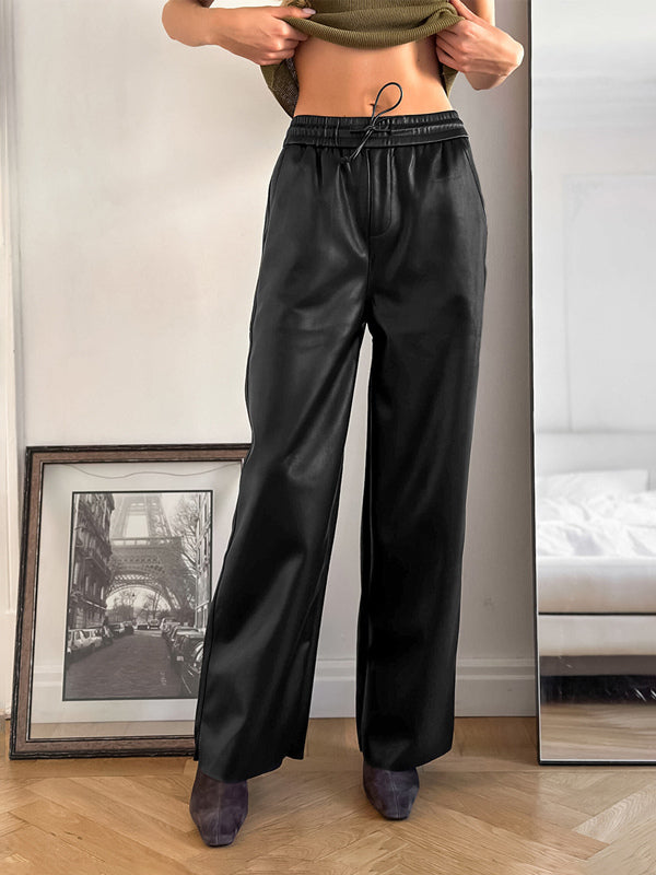 Elastic Drawstring Waist Faux Leather Wide Leg Pants Black Brown Loose Casual Trousers