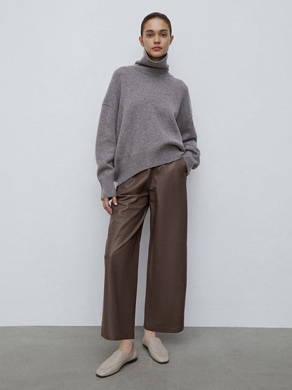 High Waist Faux Leather Wide Leg Pants Brown Straight Leg Casual Trousers