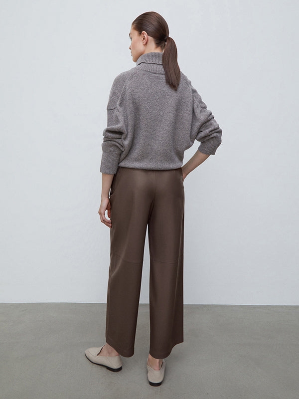 High Waist Faux Leather Wide Leg Pants Brown Straight Leg Casual Trousers