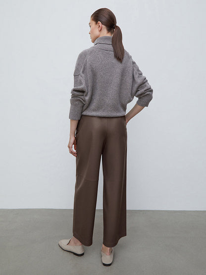 High Waist Faux Leather Wide Leg Pants Brown Straight Leg Casual Trousers